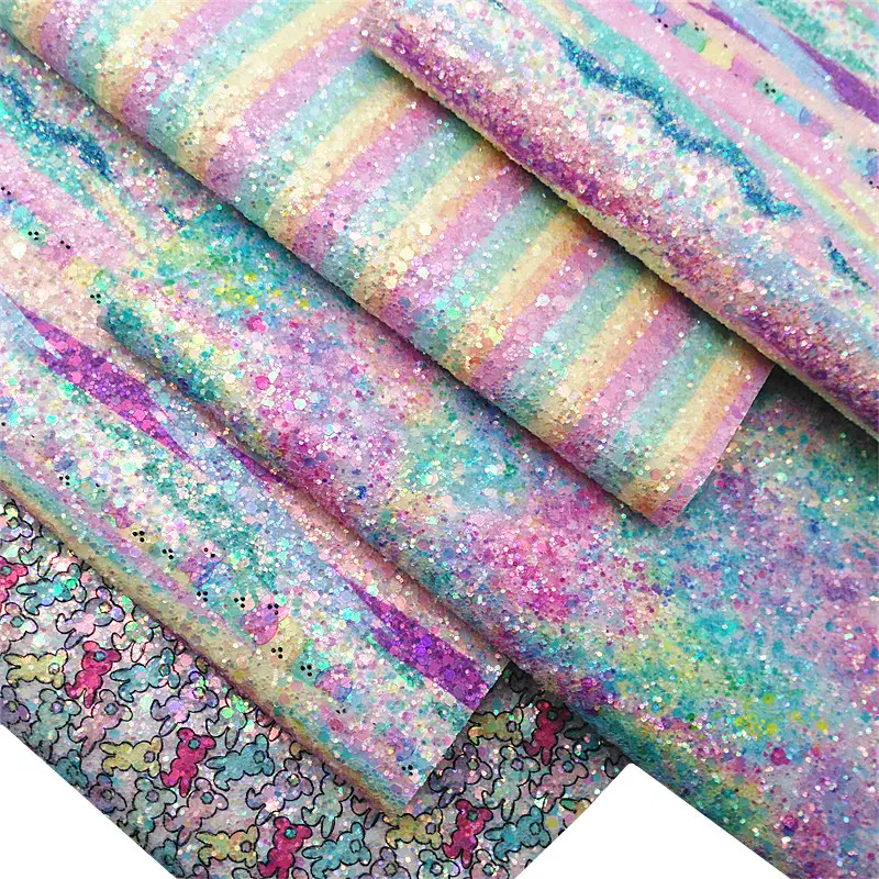 134*90CM Easter Rainbow Bunny Stripes Shiny Synthetic Vinyl PU Glitter Fabric Sheets Chunky Leather For DIY Accessories