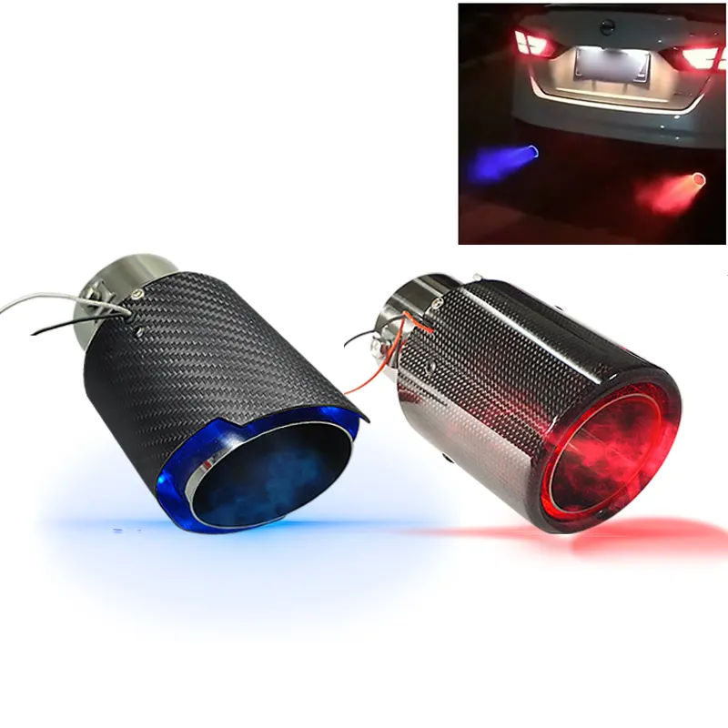 एलईडी लाइट रियल कार्बन फाइबर यूनिवर्सल कार निकास मफलर टिप पूंछ पाइप लाल/ब्लू के लिए कार को संशोधित