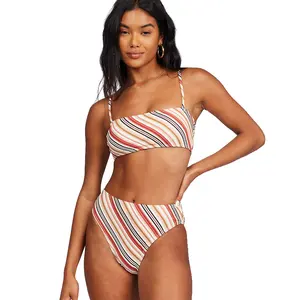 Custom Women swimwear wholesale casual striped print sexy strapless high waist hip two-piece swimsuit bikini custom LOGO