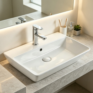 Lavabo da Appoggio Moderno Minimalista Rettangolare in Ceramica Bianca Lucida con Finitura Smaltata - Product Image 2