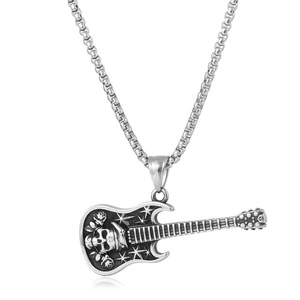Yunnique-collar con colgante de guitarra de acero inoxidable con diseño de calavera para hombre, regalo para amantes de la música, joyería - Product Image 1