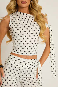Slinky Fabric <b>White</b> Polka Dot Tie Shoulder Asymmetric Neckline Sleeveless Top and Matching Capri Length Pants <b>Set</b> Activewear - Product Image 5