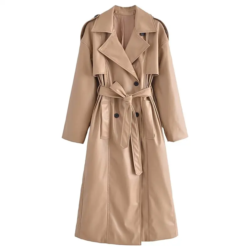 TAOP&ZA 2023 new women's brown bow tie faux leather trench coat waterproof and windproof long coat wholesale 1255816