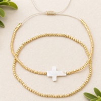 Bracelet perlé Go2boho avec croix en coquillage blanc, perles en verre filé à la chalumeau couleur or, bijoux religieux chrétiens