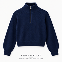 Pull en maille côtelée court pour femme, col montant, manches raglan longues, demi-zip, idéal pour un look décontracté au quotidien