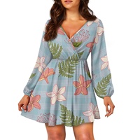 Robe Courte Femme Col V Coupe Trapèze Imprimé Floral Hawaïen Tissu Spandex Respirant Écologique pour Fêtes et Tenues Décontractées