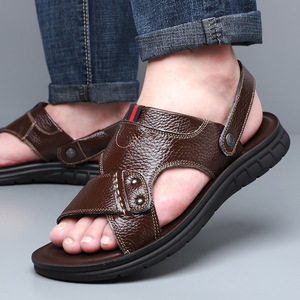 Sandales plates pour hommes en cuir de vachette pleine fleur noir et marron avec bande élastique, tailles 36-50, grandes tailles, chaussures d'été pour la plage - Product Image 2