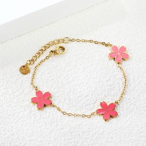 Wholesale Charm 18k Gold Plated <b>Chain</b> Adjustable Bracelet Women Stainless Steel Waterproof Jewelry pink Enamel Flower Bracelet - Product Image 1