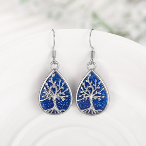 Orecchini a goccia blu con design albero della vita, intarsio in resina, placcati in argento, per donna, gioielli di moda in stile vintage - Product Image 1