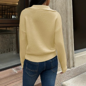 Custom <strong>Women's</strong> Chic Butter Yellow Lapel V <strong>Neck</strong> Knitted Sweater Long Sleeve Casual Loose Fit Pullover <strong>Jumper</strong> Polyester Knitwear - Product Image 2