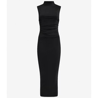 Robe crayon élégante pour femme, col montant, sans manches, froncée, longueur midi, coupe ajustée, collection Printemps
