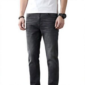Jean en denim délavé coupe droite slim pour homme, taille mi-haute, en coton, style décontracté, pantalon d'automne noir tissé - Product Image 6