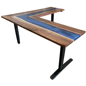 Mesa de jantar em forma de L Mesa de Resina Epóxi com borda viva Mesa de jantar em madeira de resina Epóxi azul moderna