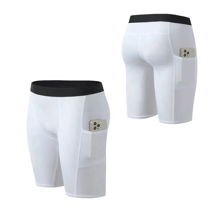 Shorts de compressão para atletas, fitness curto com bolso