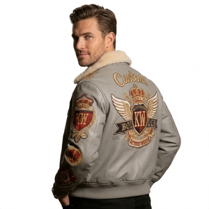 Blouson <span class=keywords><strong>aviateur</strong></span> en cuir pour homme, en peau d'agneau grise de qualité supérieure, personnalisable avec broderie unie, <span class=keywords><strong>col</strong></span> en fourrure, grandes tailles, hiver, OEM - Product Image 2
