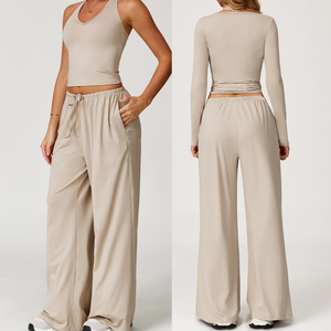 3 Piece Yoga Set Women One Piece <strong>Wrap</strong> Long Sleeve Tank Wide Leg <strong>Pants</strong> Quick Dry Activewear Fitness Outfit - Product Image 3