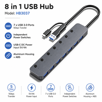 Hub USB-C 8-en-1, répartiteur USB 3.0 à 7 ports avec interrupteurs d'alimentation individuels, en aluminium, adaptateur d'alimentation 2-en-1 double port hôte 5V 4A