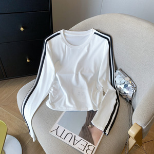 Màu Khối Sọc Raglan Dài Tay Áo T-Shirt Phụ Nữ, Được Thiết Kế Cho Một Mỏng Phù Hợp Với, Bên Trong Lớp Cơ Sở Áo Sơ Mi, Ngắn Hàng Đầu - Product Image 2