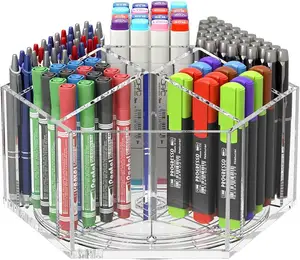 Acrylic Pen Pencil Holder 7 Compartments, Multi-capacity Marker Storage Art Supply Organizer 360 Rotating Clear Pencil Cup