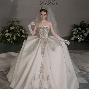 Gt043 Vestido De Noiva Strapless Wedding Dresses Beads Sewn Ivory Satin <b>Bride</b> Bridal Gown Jancember - Product Image 4