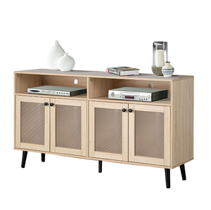 Mid-Century Minimalist Wooden TV Stand with <b>Adjustable</b> Storage Tapered <b>Legs</b> Round Knobs Natural Finish for Home Living Room - Product Image 2