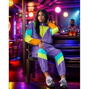 ชุดวอร์มผู้หญิงแบบ Color Block เสื้อแจ็คเก็ตกันลมแขนยาว กางเกงขายาว สไตล์วินเทจ น้ำหนักเบา เหมาะสำหรับฤดูใบไม้ผลิ - Product Image 2