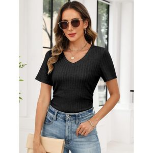 Womens Short Sleeve V Neck Ribbed Knit <b>Top</b> Slim Fit Casual Summer Lightweight Sweater Shirt - Product Image 6