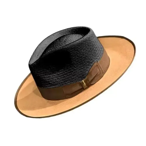 Chapeau Fedora en paille bicolore à large bord style Panama avec bande en gros-grain - Product Image 2