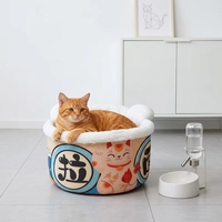 Lit pour chat créatif en forme de bol de ramen, motif chat porte-bonheur japonais, en peluche sherpa douce et confortable, type niche pour chaton ou lit pour chien, vente en gros