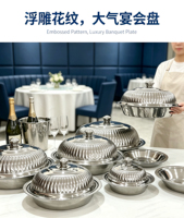 Plat de service en acier inoxydable avec couvercle en dôme, motif gaufré, assiette alimentaire multi-tailles, plateau décoratif pour buffet - Vente en gros usine