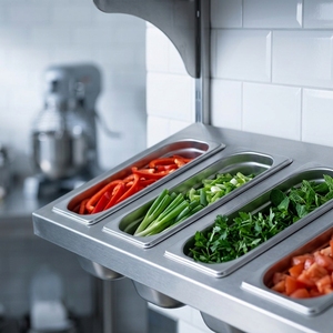 Heavy Duty Wall Mounted <b>Stainless</b> <b>Steel</b> Shelf with 4 Compartment GN Pan Rack Dual Level Ingredient Storage for Canteen Buffet - Product Image 4
