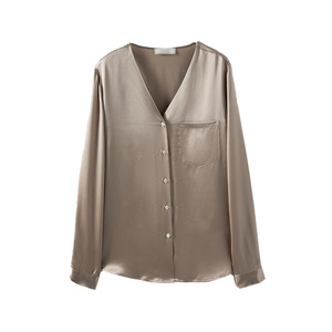 Camicie da donna di alta qualità in <span class=keywords><strong>seta</strong></span> con bottoni a manica lunga da ufficio con scollo a V Casual Business top in raso di <span class=keywords><strong>seta</strong></span> - Product Image 1