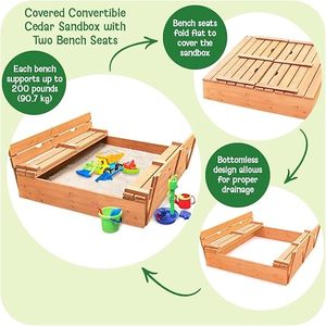 Kids Outdoor Sandpit Wooden Natural Fot 2 to 4 Years <b>Children</b> Cover <b>Benches</b> Closable Weed Control Fabric - Product Image 3