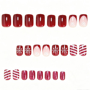 Uñas Postizas Color Vino Tinto Navideño con Diseño de Copos de Nieve y Rayas Brillantes para Fiestas, Salón de Belleza y Uso Personal - Product Image 2