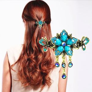 Pince à cheveux rétro élégante en alliage, motif fleur rose et turquoise, style griffe de crabe classique pour femme - Product Image 1