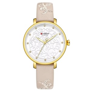 Montre à quartz vintage pour femme, style sport, broderie florale, boîtier en alliage or rose, bracelet en cuir rose, cadran diamanté, élégante pour tenue habillée - Product Image 1