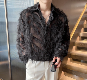 <strong>Men's</strong> Henry Neck Slim Casual Shirts Handmade 3D Feather Design Unique Social Camisas Homme <strong>Clothes</strong> - Product Image 5