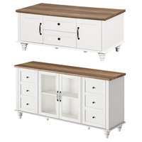 Meuble TV moderne en bois blanc avec portes en verre, étagères réglables, armoires de rangement à 6 tiroirs pour téléviseurs de 70 pouces