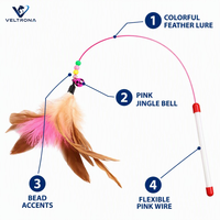 Baguette de chat en plumes arc-en-ciel avec fil d'acier haute élasticité, plumes naturelles, perles à clochettes, poignée ergonomique, jouet interactif manuel
