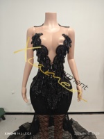 Robe de soirée sirène Ocstrade de luxe, noire, en maille de cristal, cousue main, avec décolleté plongeant, traîne à sequins, moulante, pour concours de beauté, scène ou bal de promo, pour femme