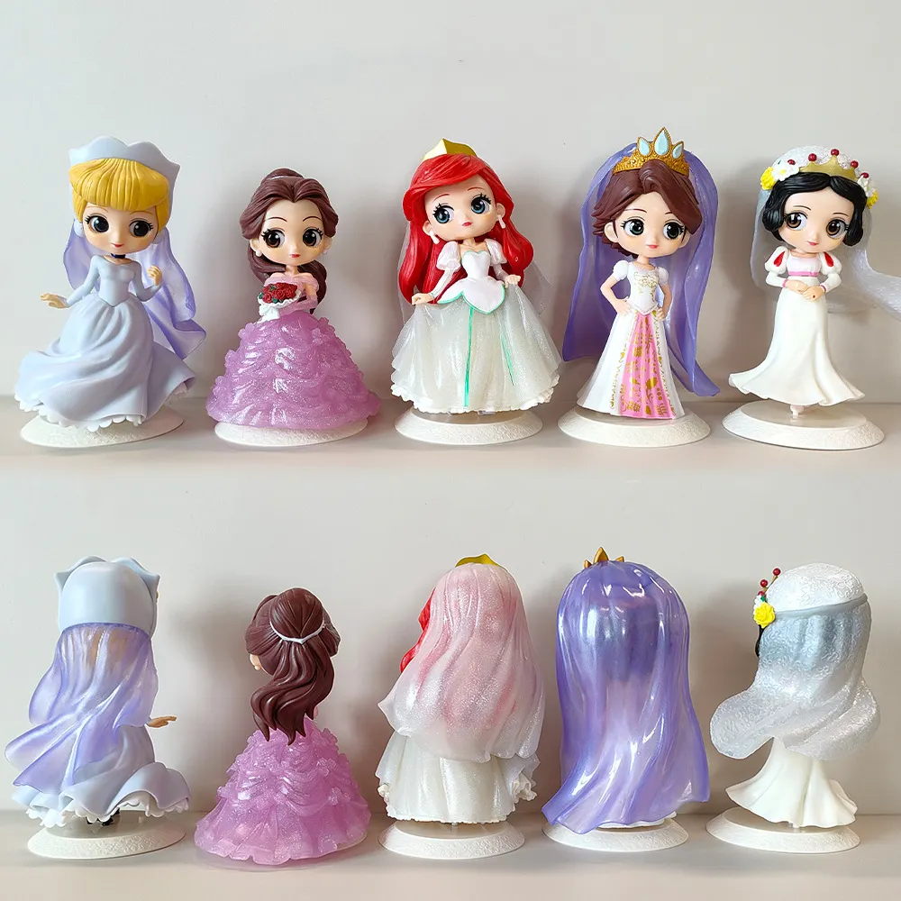 15-17cm Q Posket Anna Ice Queen Elsa Wedding Dress Long Hair Princess Figures Wedding PVC Model Dolls Toys Cake Topper Gift