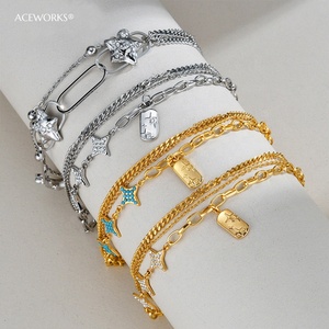 Starry Layered <b>Bracelet</b> | 18K PVD Gold Plated Stainless Steel Pav Star Charm Tag <b>Bracelet</b> for Women | Waterproof Tarnish Free - Product Image 2