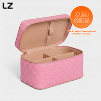 Sac de maquillage matelassé en cuir véritable LZ Factory, trousse de toilette, pochette de voyage cosmétique, organiseur pour femmes, étui à bagages rose