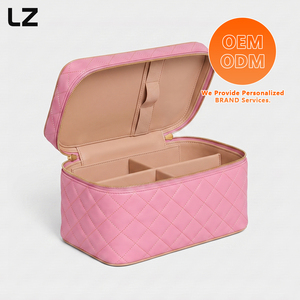 Sac de <span class=keywords><strong>maquillage</strong></span> matelassé en cuir véritable LZ Factory, trousse de toilette, pochette de voyage cosmétique, organiseur pour femmes, étui à bagages rose - Product Image 5