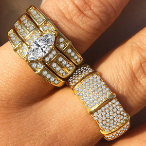 Ensemble de 4 bagues pour couple plaquées or 18 carats, micro-zircon pavé complet, bague pour homme, bague empilable marquise pour femme, bijoux de mariage et de fiançailles - Product Image 3