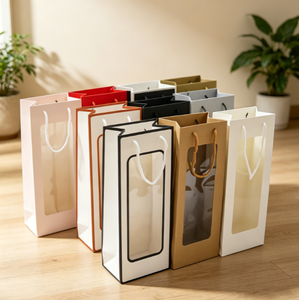 Sac fourre-tout de luxe en papier kraft avec fenêtre longue et transparente pour bouteille de vin unique – Emballage cadeau - Product Image 5