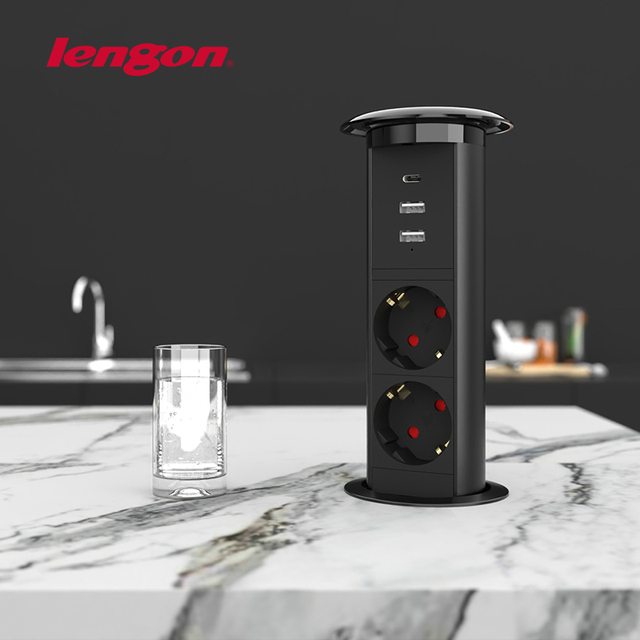 Kitchen and Desk Power Strip with USB Wireless Charger 16A Motorized Pop up Socket Controlled by USB Used in the Home Office 30W