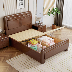Lit en bois massif de style nordique 1,8 m avec rangement, lit de mariage pour chambre principale 1,5 m, lit moderne minimaliste pour appartement - Product Image 3