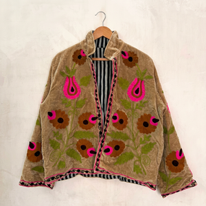 Bohemian Khaki Velvet <b>Embroidered</b> Suzani <b>Jacket</b> with Floral Pattern Full Sleeve Stand Collar Handmade <b>Women</b> Autumn Coat - Product Image 1