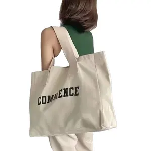 定制标志印花流行女式手提袋素色有机棉帆布手提袋带拉链和口袋的购物袋